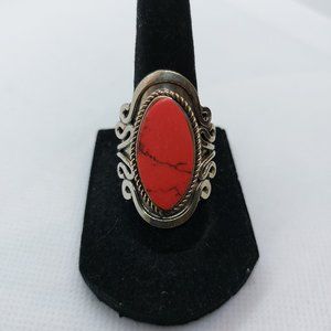 One Size Fits Most - Handmade Peruvian Alpaca Silver Red Accent Adjustable Ring